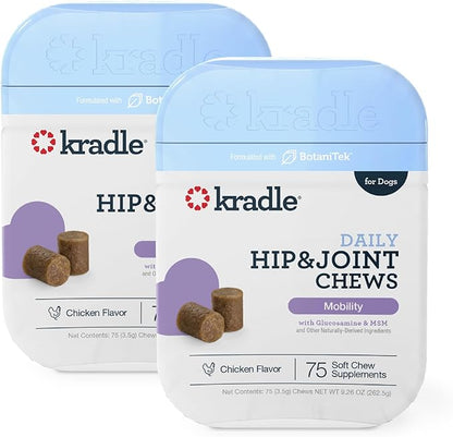 Kradle Hip & Joint Chews for Dogs - Glucosamine Chondroitin MSM Hyaluronic Acid - Active and Senior Dog Mobility Support - 150 Soft Chews