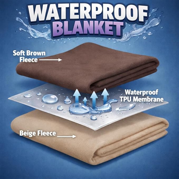Premium Deluxe ! 100% TOP Waterproof Blanket Guarantees to Keep Your Bed Dry! Crinkle-Free Ultra-Soft Fleece Furniture Protector for People Kids Pets. EZ Wash/Dry Brown/Beige Reversible 80x60