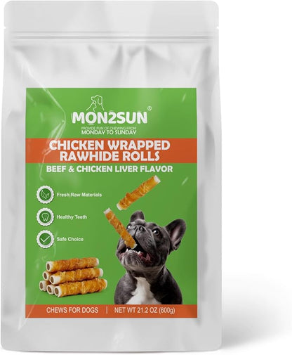 MON2SUN Dog Treats 5 Inch Chicken Wrapped Stuffed Rawhide Rolls with Beef and Chicken Liver, Rawhide Chews for Small and Medium Dogs, 21.2 oz (12 Count)