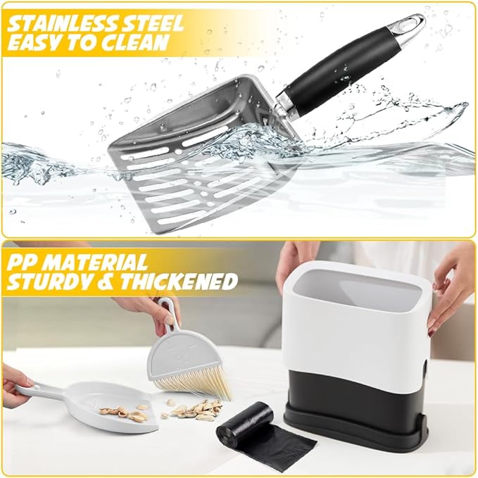 Cat Litter Scooper with Holder, Stainless Steel Cat Litter Scoop, Kitty Poop Scooper Stand for Litter Box, Cat Caddy for Litter Scoop, Fast Sifting Kitty Poop Scooper Caddy Poop Scooper Stand