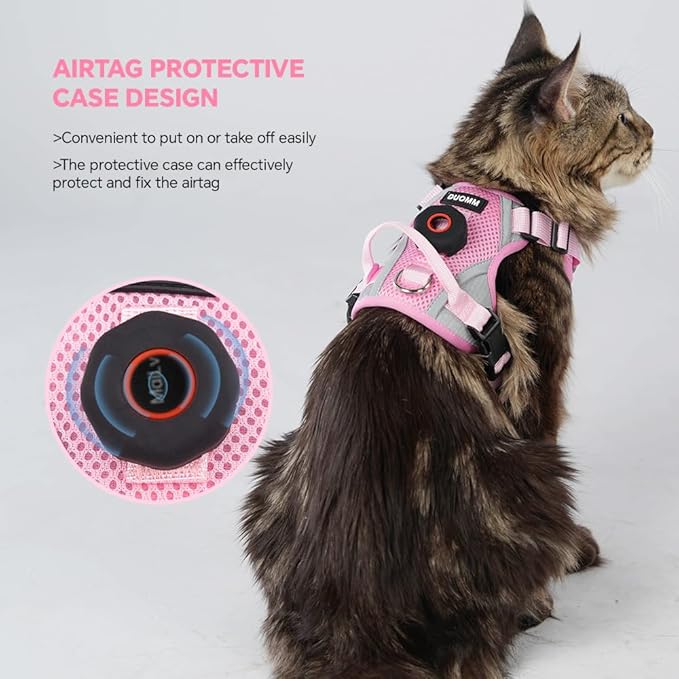 Cat Harness and Leash Set with AirTag Holder: Upgraded Escape Proof Vest with Lead for Small Dog Puppy Large Cat Walking，Soft Breathable Mesh Coat with Reflective Strip (Pink, L)