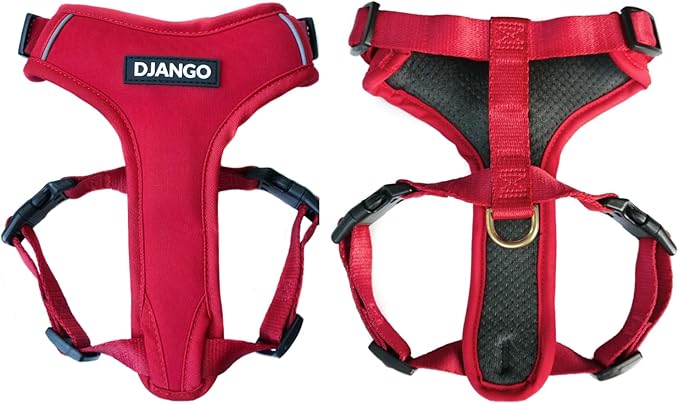DJANGO Adventure Dog Harness - Stylish and Durable Small Dog Harness for Outdoor Adventures and Everyday Wear - Red Neoprene Adjustable Harness for Dogs with Reflective Piping, Solid Brass D-Ring