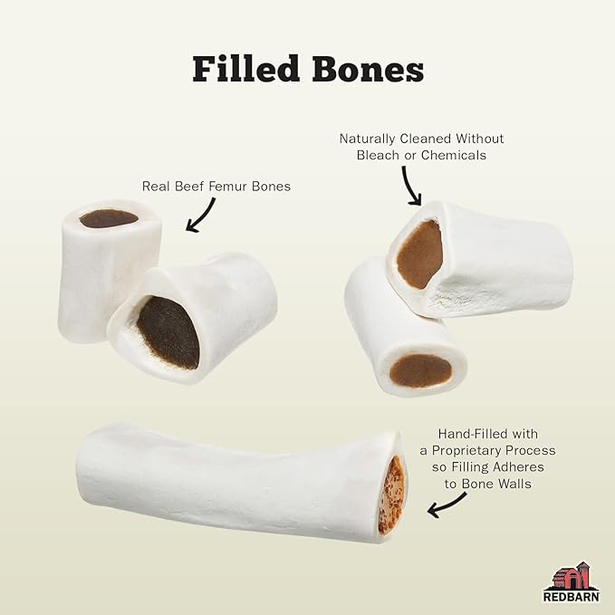 Redbarn Pet Products Large Filled Dog Bones, Peanut Butter Flavor - Long Lasting Stuffed Femur Chew Treat Made in USA - 4 Count - Packaging May Vary