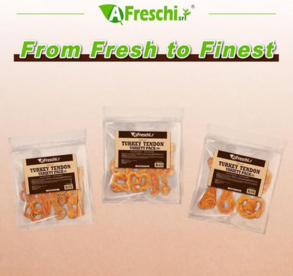 A Freschi srl Turkey Tendons for Dogs, USA-Sourced, Healthy Dog Treats, Rawhide-Free Puppy Chews, Long Lasting, All Natural, Hypoallergenic Dog Treats for Large Breeds, 10 oz Pack Variety (L)