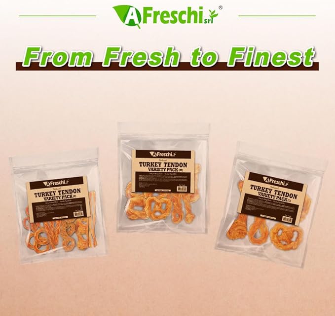 A Freschi srl Turkey Tendons for Dogs, USA-Sourced, Healthy Dog Treats, Rawhide-Free Puppy Chews, Long Lasting, All Natural, Hypoallergenic Dog Treats for Medium Breeds, 10 oz Pack Variety (M)