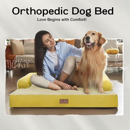 Large Dog Bed Orthopedic Washable | Beds Bolster Pet - XXL Large Big Dogs - Memory Foam - Couch Sofa - Waterproof with Removable Cover - Ginger Yellow Dog Bed