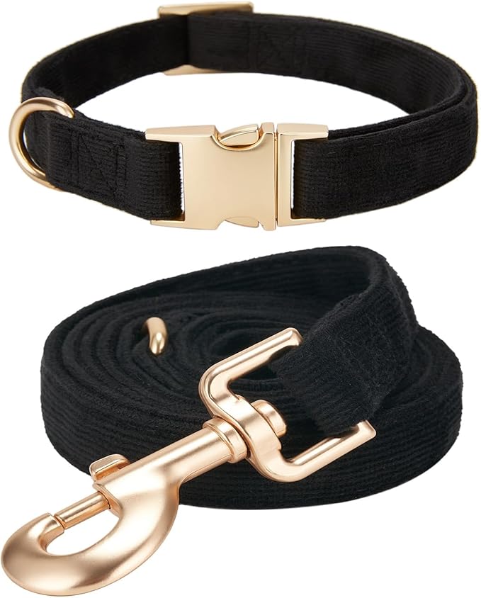 Soft Corduroy Dog Collar and Leash Set Adjustable Durable Dog Collars with Metal Buckle and Lead for Large Dogs,Black
