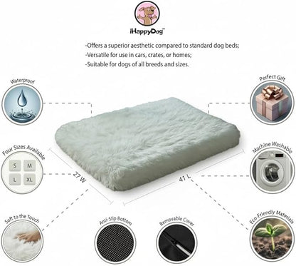 IHAPPYDOG Luxury Faux Fur Orthopedic Dog Beds, Memory Foam Crate Bed for Small, Medium, Large and XL Pets, Fluffy Pet Bed with Waterproof and Washable Cover, Fits Crates (White, 41"x27")