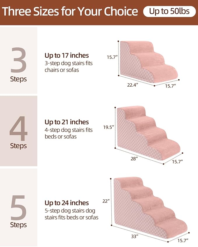 Dog Curved Stairs for High Beds 22" H, 5-Step Pet Stairs for Small Dogs with High Density Foam, Dog Slope Stairs with Durable Non-Slip Bottom Pink
