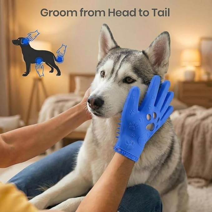Pet Grooming & Hair Removal Gloves for Dogs & Cats, 2 Pairs Electrostatic Silicone Mitts with Soft Bristles, Enhanced 5-Finger Design for Pet Massage, Deshedding & Coat Care, Easy to Use & Clean(Blue)