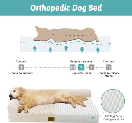 COZY KISS Orthopedic Dog Bed for Extra Large, XXL Dogs Bed, L Shaped Foam Anti-Slip Bottom Giant Pet Cat Sofa with Washable Cover, Suitable for Pet Up to 150 lbs, 48x35x8 inch, Beige ﻿