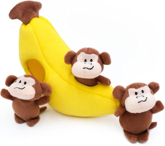 ZippyPaws Burrow- Interactive Dog & Puppy Toys for Boredom, Stimulating Pet Products to Keep them Busy, Hide & Seek Plush Puzzles, Squeaky Toy for Enrichment, For Small & Medium Dogs- Monkey 'n Banana