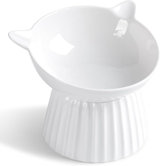 Wellbro Ceramic Raised Cat Bowl，Tilted Raised Cat Bowl Anti Vomit Cat Bowls for Indoor Cats Whisker Friendly Pet Feeder for Cats Puppies, Microwave and Dishwasher Safe