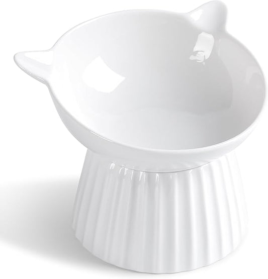 Wellbro Ceramic Raised Cat Bowl，Tilted Raised Cat Bowl Anti Vomit Cat Bowls for Indoor Cats Whisker Friendly Pet Feeder for Cats Puppies, Microwave and Dishwasher Safe