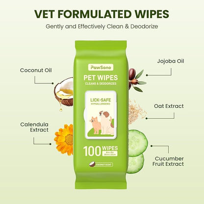 Hypoallergenic Pet Wipes for Dogs & Cats – Quick Clean & Deodorize Paws, Butt, Eyes, Ears, Face & Fur | Daily Grooming After Walks and Between Baths | Extra Large & Thick | Coconut Scented, 100 Count