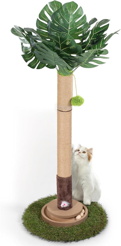 Cat Scratching Post, 35 Inch Tall Cat Scratcher Cat Tree Tower with Hanging Ball for Indoor Cats Adults,Monstera Leaf,Sisal Rope Kitten Scratch with Interactive Mouse Cat Toy