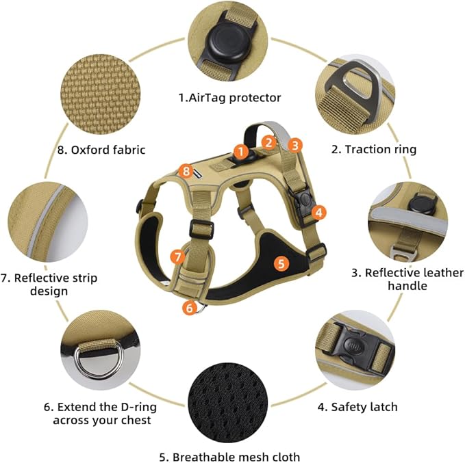 Airtag Dog Harness Chest Plate Reflective No Pull Harness with Leash for Extra Large Dogs (Khaki, M)
