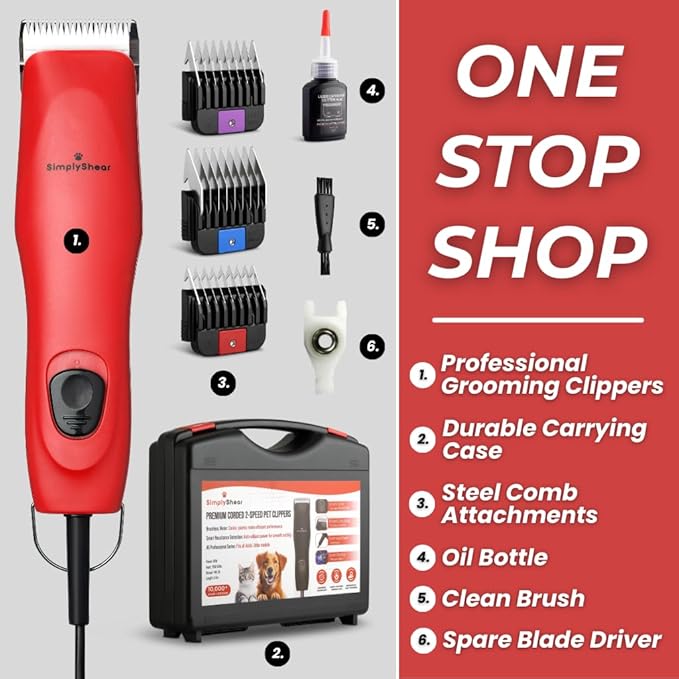 SIMPLYSHEAR Professional Dog Clippers for Grooming | High-Performance 2-Speed Corded Shears for Thick, Curly Coats & Matted Hair | Low-Noise Pet Grooming Kit with Heavy Duty Hair Trimmer, Red