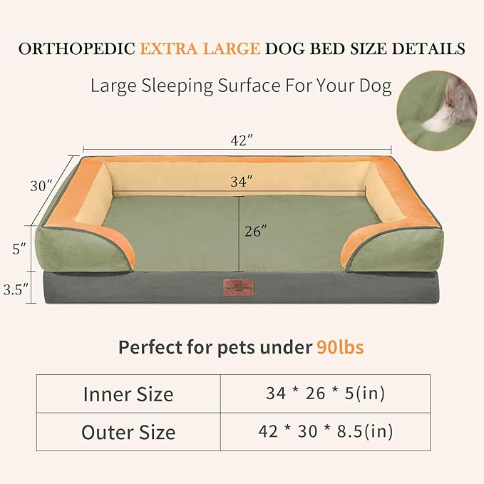 Comfort Expression Orthopedic Dog Bed for Extra Large Dogs 42x30 Inch, Waterproof Egg Crate Foam XL Pet Bed with Removable Bolsters, Dog Couch with Washable Cover & Non-Slip Bottom, Avocado
