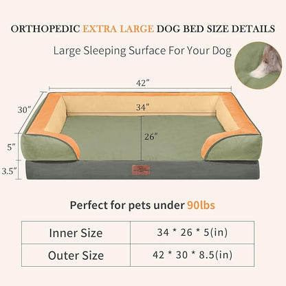 Comfort Expression Orthopedic Dog Bed for Extra Large Dogs 42x30 Inch, Waterproof Egg Crate Foam XL Pet Bed with Removable Bolsters, Dog Couch with Washable Cover & Non-Slip Bottom, Avocado