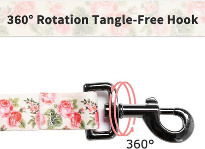 Ihoming Dog Collar and Leash Set for Daily Outdoor Walking Running Training, Pink Flowers Design for Medium Boys Girls Dogs Cats Pets, M-Up to 45LBS