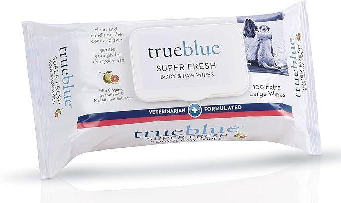 TrueBlue Super Fresh Body and Paw Wipes for Dogs and Puppies - Clean Dirty Paws and for deodorizing - Extra Large, Non-Toxic - 8"x7" - 100 Count