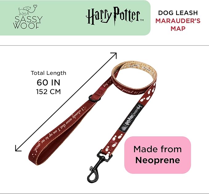 Sassy Woof Harry Potter™ Marauder's Map Dog Leash 60-Inch with Neoprene Padded Handle - Comfortable, Durable, and Stylish for Small to Large Dogs - Officially Licensed