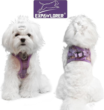 EXPAWLORER Classic Plaid Puppy Harness - Small Dog Harness and Leash Set - Dog Collar and Leash Set with AirTag Holder, Soft Padded Step in Dog Vest Harness No Pull Reflective for Outdoor, Purple XS