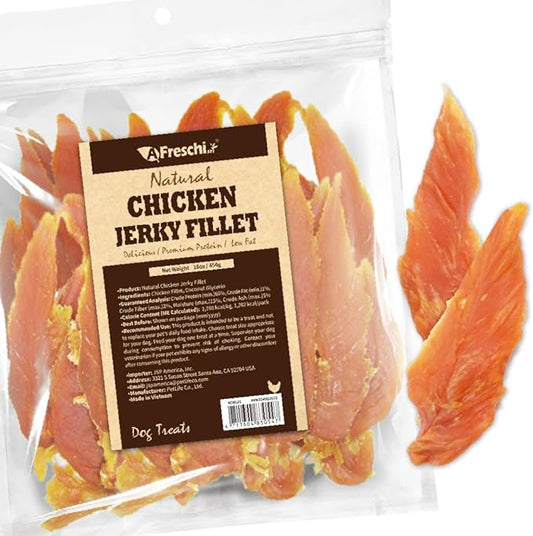 A Freschi srl Chicken Jerky for Dog, All Natural Dog Treat, High-Protein, Healthy & Easily Digestible, Grain-Free Puppy Chews, Training & Rewards Dog Snacks, Chicken Fillet Jerky, 16 oz Pack