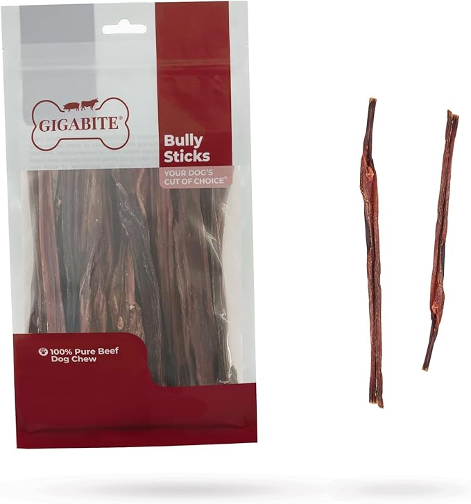 GigaBite Single Ingredient All Natural Free Range Bully Treats and Chews - Bully Sticks/Bladder Sticks/Beef Esophagus by Best Pet Supplies - Bully Sticks (Slim 6"), Pack of 25