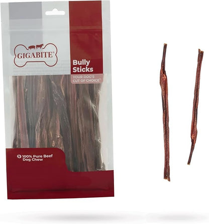 GigaBite Single Ingredient All Natural Free Range Bully Treats and Chews - Bully Sticks/Bladder Sticks/Beef Esophagus by Best Pet Supplies - Bully Sticks (Slim 6"), Pack of 25