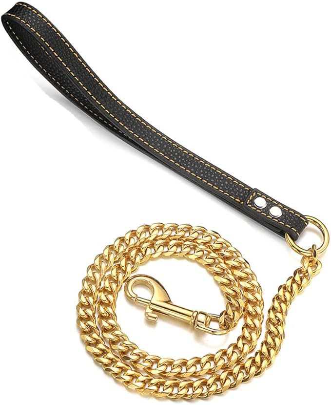 18K Gold Dog Chain Leash 11MM Solid Chew Proof 316L Stainless Steel Cuban Link Chain with Smooth Leather Handle Beautiful Leash for Walking Training 3FT/4FT/5FT(11mm,3ft)…