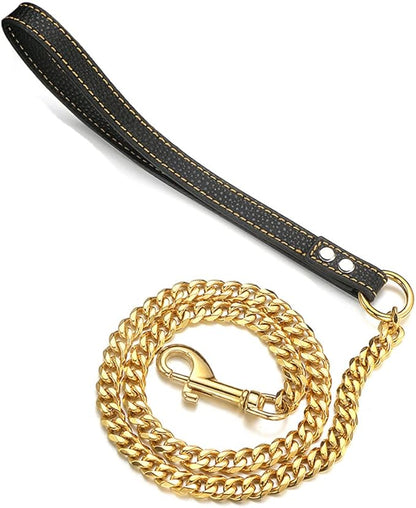 18K Gold Dog Chain Leash 11MM Solid Chew Proof 316L Stainless Steel Cuban Link Chain with Smooth Leather Handle Beautiful Leash for Walking Training 3FT/4FT/5FT(11mm,3ft)…