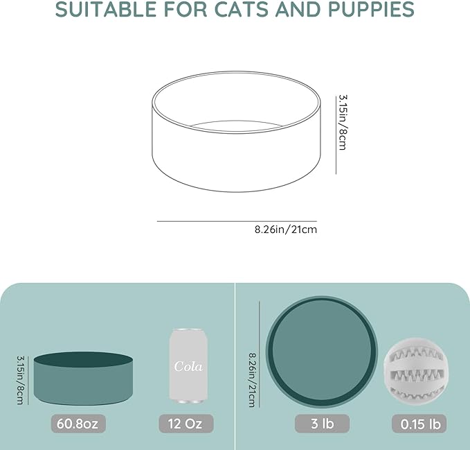 SPUNKYJUNKY 60OZ Ceramic Dog and Cat Bowl, Modern Cute Weighted Food Water Bowl for Replacement Light Green (2 Pack)