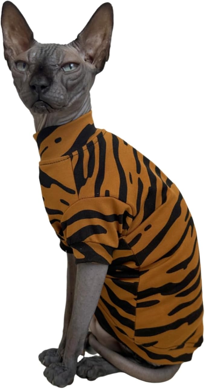 Limited Edition Sphynx Cat Cotton T-Shirts Hairless Cat Sweatshirt Pet Kitten Clothes Round Collar Kitten Shirts Vest Cats & Small Dogs Apparel (Siberian Tiger, S (3.3-4.4 lbs))