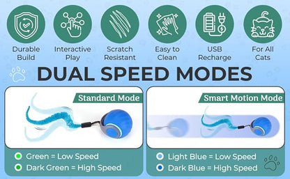 Dr. Fluffyyes Interactive Cat Toy Ball - Motion-Activated, USB Rechargeable Cat Toys for Indoor Cats with Anti-Scratch Cover & 2 Changeable Tails - Enrichment Toy for Active Cats & Kittens