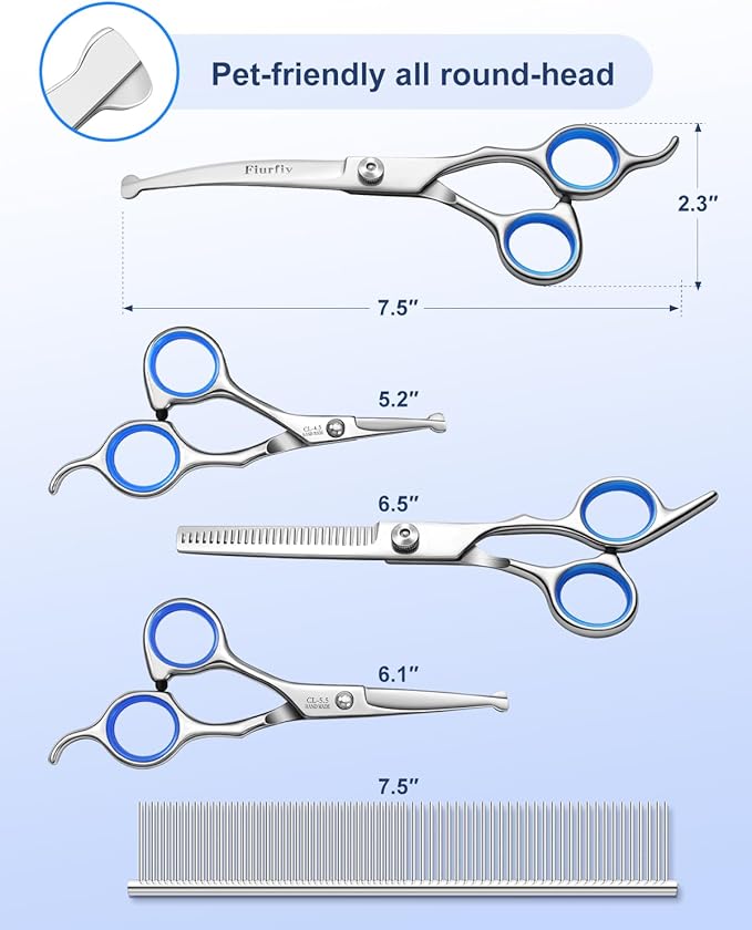 Fiurfiy 6-in-1 Dog Grooming Scissors - Professional Stainless Steel Hair Cutting Kit with Safety Rounded Tips, Ergonomic Soft-Grip Handles for Small & Large Dogs, Cats