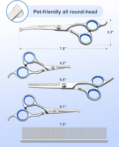 Fiurfiy 6-in-1 Dog Grooming Scissors - Professional Stainless Steel Hair Cutting Kit with Safety Rounded Tips, Ergonomic Soft-Grip Handles for Small & Large Dogs, Cats
