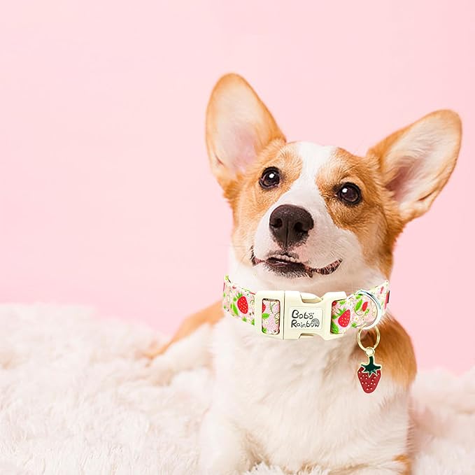 Dog Collar-Cute Strawberry Adjustable Pet Collars Soft Comfortable Spring Puppy Collar Pink Cotton Dog Collars Necklace Gift for X-Small Dogs