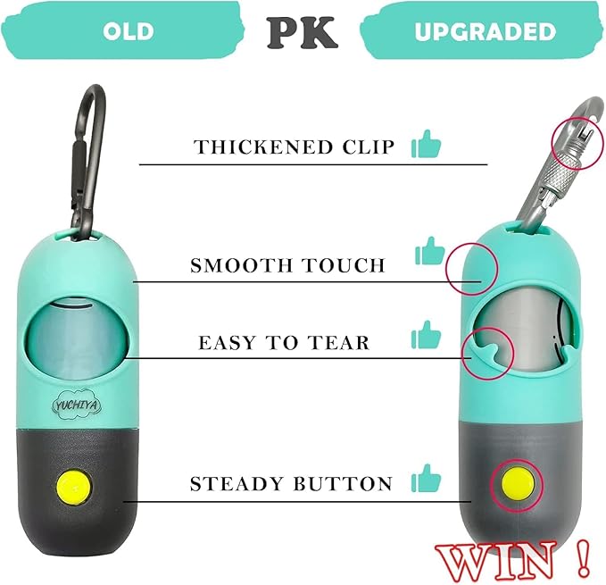 Dog Poop Bag Holder Dispenser with LED Flashlight - Night Visibility for Safe Evening Walks | Upgraded Hands-Free Leash Clip | Includes 15 Dog Waste Bags(Green)