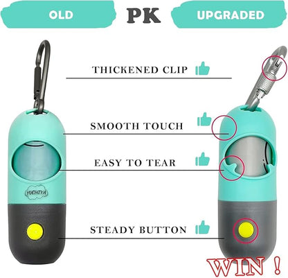 Dog Poop Bag Holder Dispenser with LED Flashlight - Night Visibility for Safe Evening Walks | Upgraded Hands-Free Leash Clip | Includes 15 Dog Waste Bags(Green)