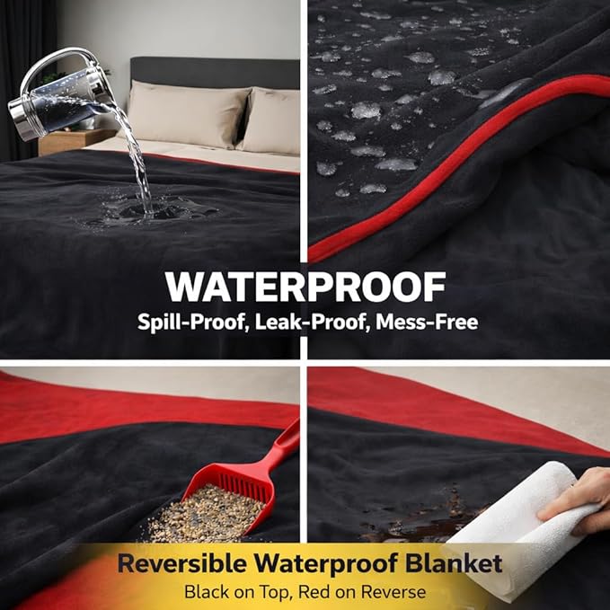 Bedding Aid Queen Size Waterproof Blanket – Stain-Proof, Spill-Proof Flannel Blanket for Bed, Couch, Kids & Pets Protection, Reversible Splash-Proof Design (Passion Red & Midnight Black, 80x90)