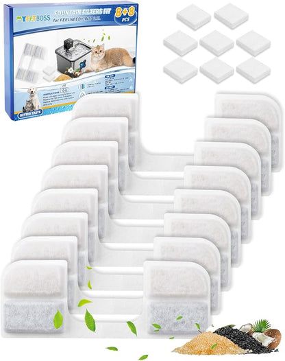 MyfatBOSS 8 + 8 Pack Cat Water Fountain Filter Replacement Compatible with FEELNEEDY Cat Water Fountain FN-W17 3.2L/ 108oz, Cat Fountain Filter, Pet Water Fountain Filters, Filters and Sponges
