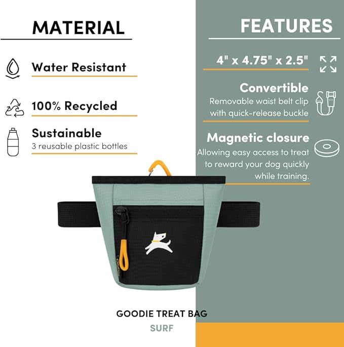 OllyDog Goodie Treat Bag, Dog Treat Pouch, Waist Belt Clip for Hands-Free Training, Magnetic Closure, Dog Training and Behavior Aids, Three Ways to Wear (Surf)