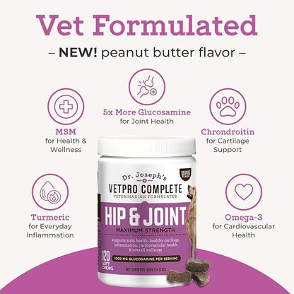 Dr. Joseph's VetPro Complete Dog Hip & Joint Supplement for Arthritis Pain Relief – High-Strength Glucosamine & Chondroitin Chews for Senior Dogs – Vet Formulated, Peanut Butter Flavor, 120 Ct