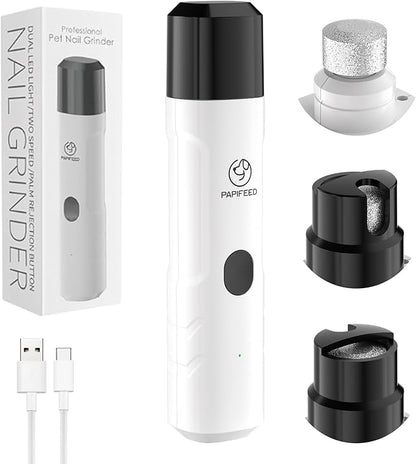 PAPIFFEED Dog Nail Clippers & Dog Nail Grinder, Quiet 3-Speed Electric Dog Nail Trimmers with Dual LED Light, Rechargeable Pet Nail File for Small Medium Large Dogs & Cats (White)