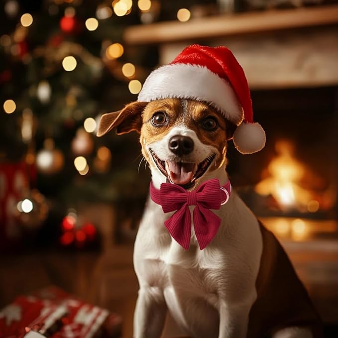 Corduroy Dog Collar with Laday Bow, Adjustable Heavy-Duty Dog Collars for Small Medium Large Dogs, Wine Red Winter Christmas Puppy Bowtie Collar XS