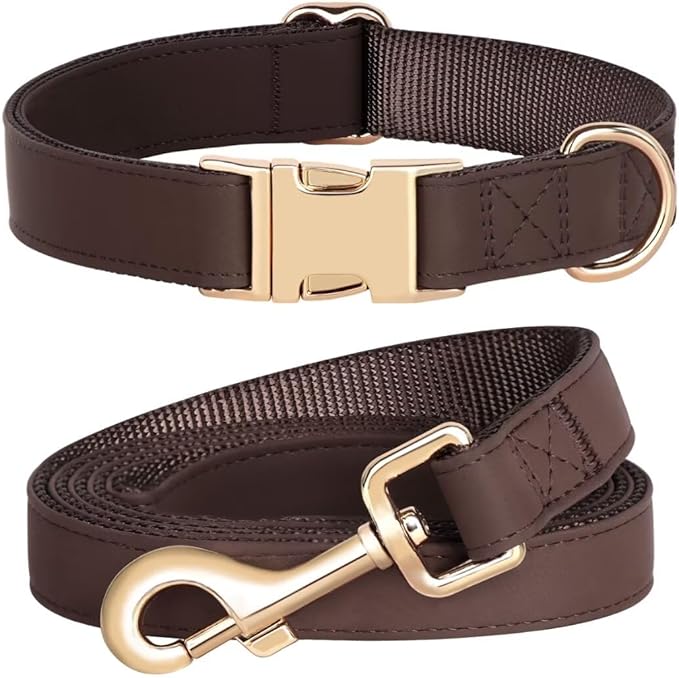 PET ARTIST Soft PU Leather Dog Collar and Leash Set, Bright & Stylish 5FT PU Leather Leash and Collar Set, Durable Pet Collars with Quick Release Metal Buckle for Large Dogs,Brown,L(16-27")