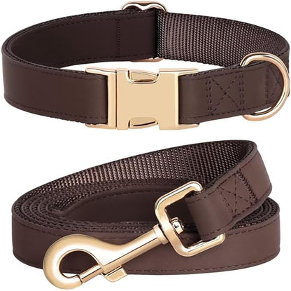 PET ARTIST Soft PU Leather Dog Collar and Leash Set, Bright & Stylish 5FT PU Leather Leash and Collar Set, Durable Pet Collars with Quick Release Metal Buckle for Large Dogs,Brown,L(16-27")