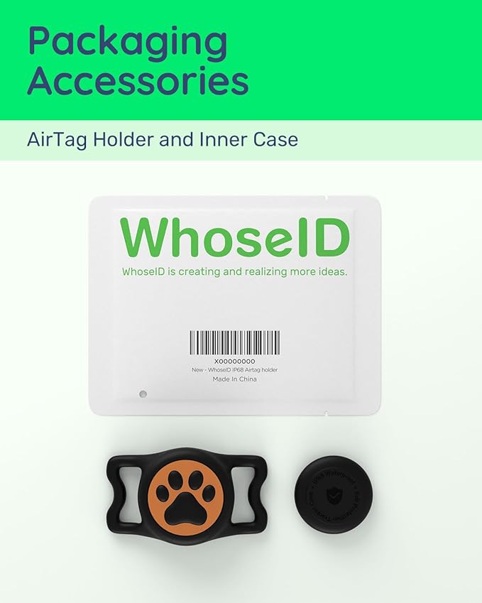 WhoseID IP68 Waterpoof Dog Air tag Holder, Stretchy Silicone Full Body Covered Apple Air Tag Holder for Dog Cat Collar Fit All Width Collar (Black & Orange, 1 Pack)